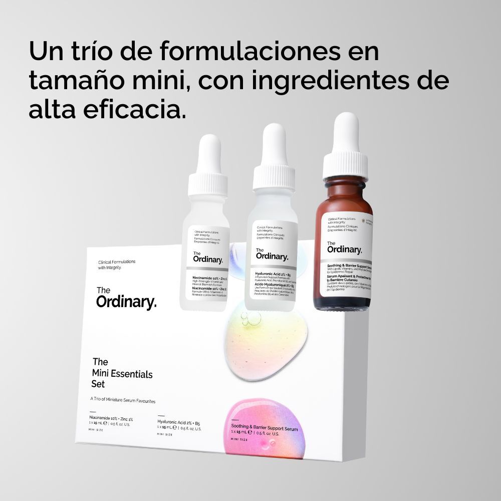 MINI ESSENTIALS SET THE ORDINARY (SET CON MINIS M&Aacute;S VENDIDOS PARA HIDRATAR, ILUMINAR Y CALMAR LA PIEL)